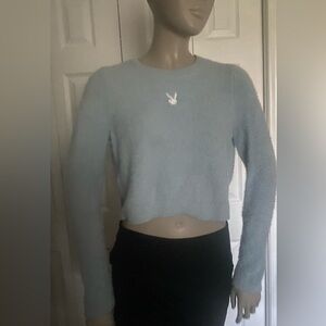 Playboy By Pacsun Women’s Blue Long Sleeve Cropped Sweater, Bunny Logo size S